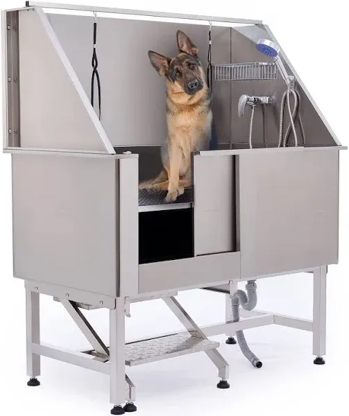 YITAHOME 50" Dog Grooming Tub 304 Stainless Steel Professional Dog Bathing Station w/Ramp, Floor Grate, Faucet, Dog Bathtub for Large, Medium, Small Pets Left Door, Dog Washing Station for Home