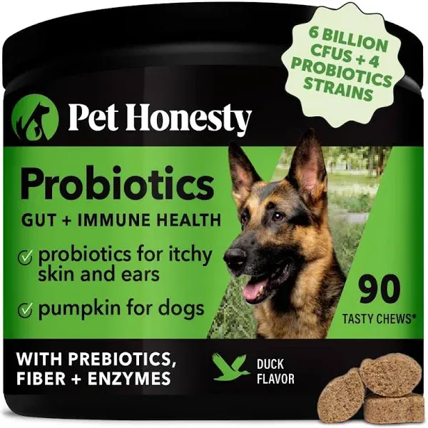 Pet Honesty Probiotics for Dogs, Dog Probiotics for Diarrhea & Bowel Support, Digestive Enzymes Promotes Gut Health, Immunity Health & Itch Relief, Prebiotics and Probiotics (Duck 90 ct)