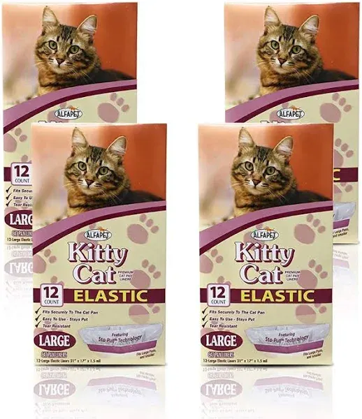 Alfapet Kitty Cat Litter box Disposable, Elastic Liners- 12-count-For Medium and Large, Size Litter Pans- With Sta-Put Technology for Firm, Easy Fit- Quick + Clever Waste Cleaners 4 pack