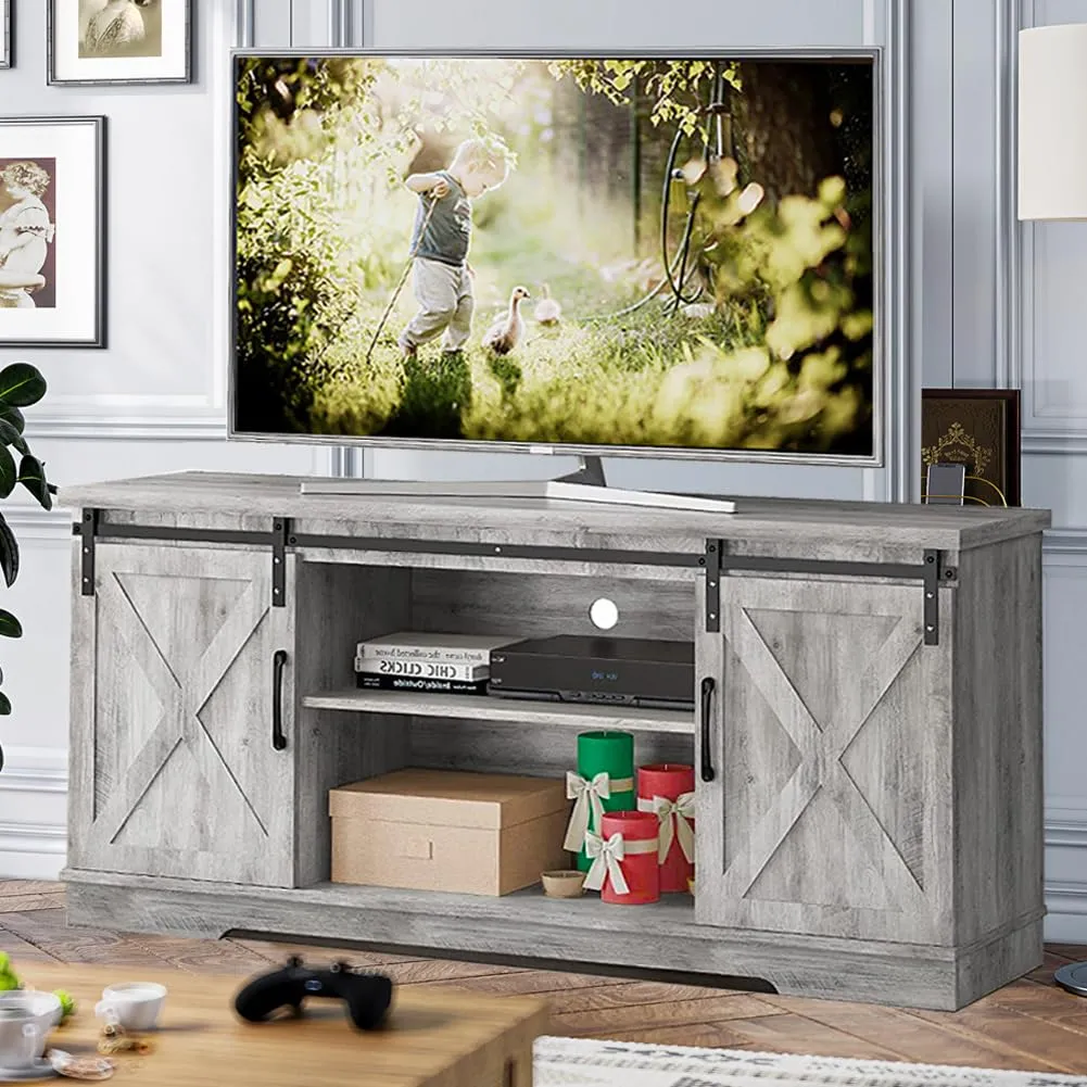 Whizmax Farmhouse TV Stand for 65 inch TV, Barn Doors and Shelves, White Modern TV Console Cabinet Furniture for Living Room