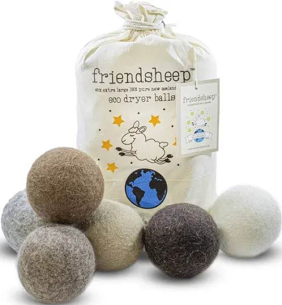 Friendsheep Wool Dryer Balls 6 Pack XL Organic Premium Reusable Cruelty Free Handmade Fair Trade No Lint Fabric Softener Color Brown Beige - Natural Mystic