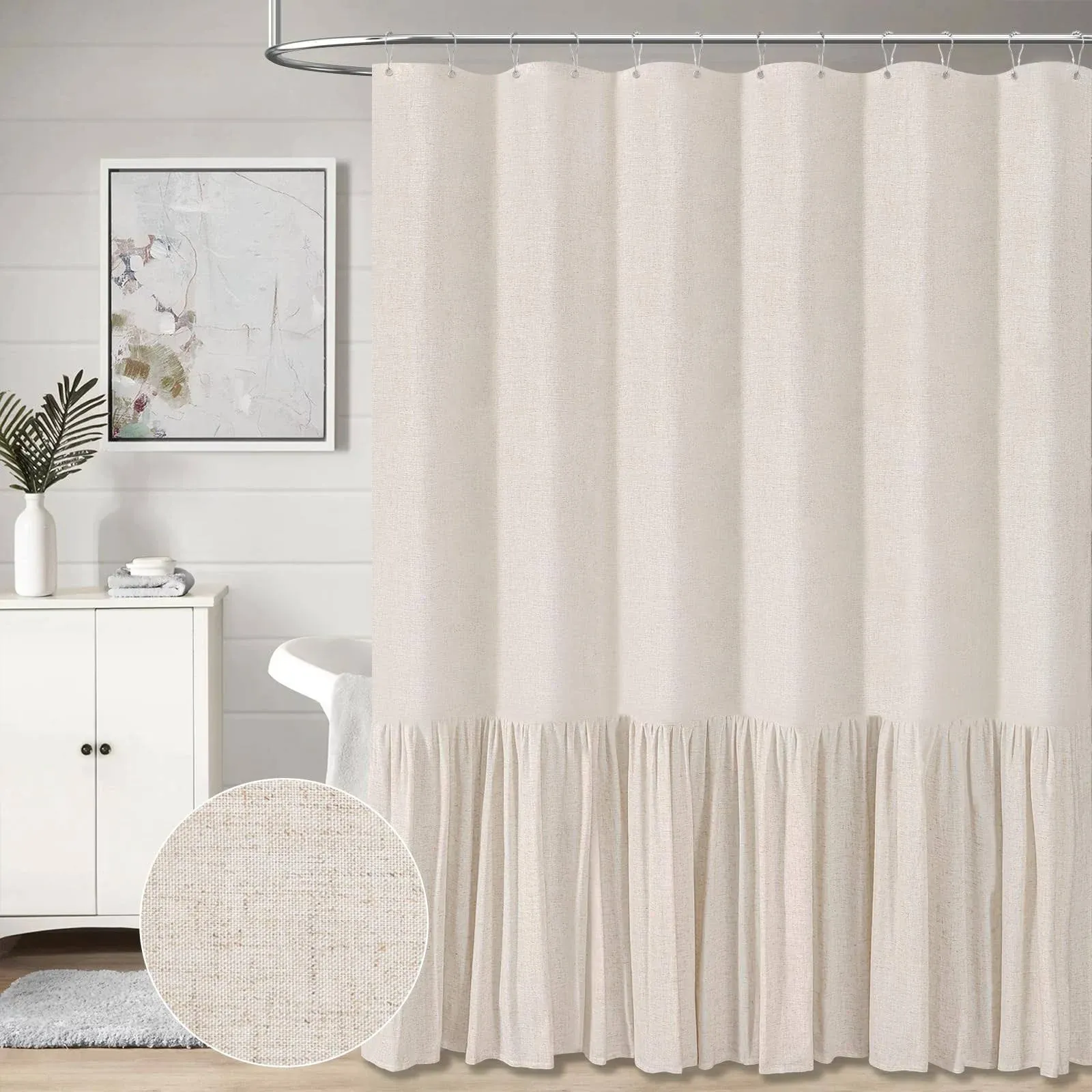 BTTN Extra Long Linen Shower Curtain - 72x84 inch Long Shabby Chic Fabric Shower Curtain Set with Ruffle Hem, Tall Modern Farmhouse Rustic Thick Cloth