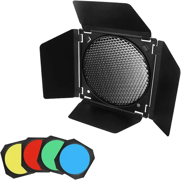 Soonpho BD-04 Barn Door with Honeycomb Grid and 4 Color Gel Filters (Red,Yellow, Blue,Green) for Standard Reflector & Cloth