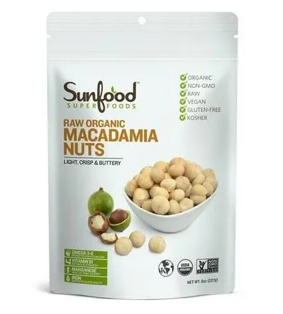 Sunfood Superfood Raw Organic Macadamia Nuts Unsalted - Harvested and Processed at Low Temperatures - Free of Preservatives - Great for Keto Snack or Baking - Kosher, Gluten Free - 8 oz Bag