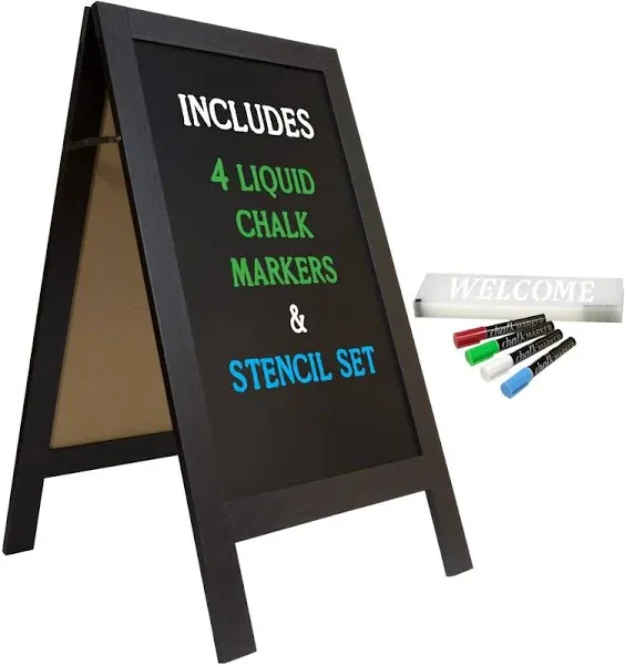 Large Sturdy Handcrafted 40" x 20" Wooden A-Frame Chalkboard Display / 4 Liquid Chalk Markers & Stencil Set/Sidewalk Chalkboard Sign Sandwich Board/Chalk Board Standing Sign (Black)