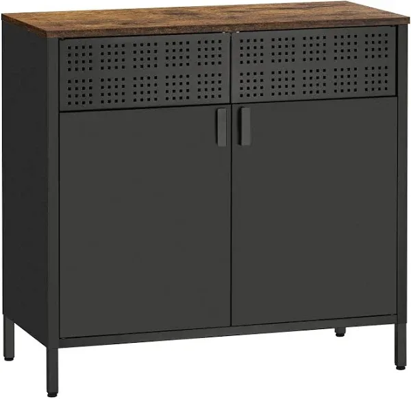 HAND IN HAND Buffet Sideboard Cabinet, Accent Cabinet with Adjustable Shelves, Sideboard Cabinet with Steel Frame, for Living Room, Entryway, Rustic Brown and Black