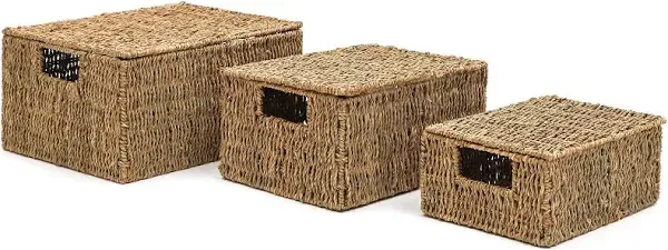 Trademark Innovations Set of 3 Rectangular Seagrass Baskets with Lids 