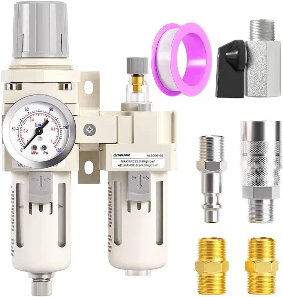 3/8" NPT Compressed Air Filter Regulator Lubricator Combo Water/Oil Separator Manual Semi-Automatic Drain Includes Pressure Gauge and Lubrication Cup