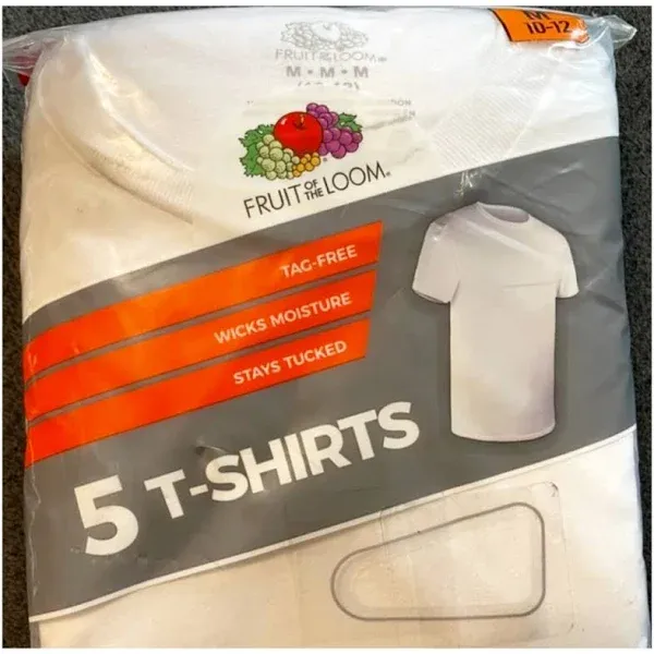 Boys White Short Sleeve Set of 5 Fruit Of The Loom Tag Free T-Shirts: S (6-8)