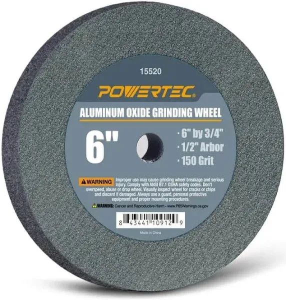 POWERTEC Bench Grinder Wheel 6 Inch 150 Grit, Aluminum Oxide Grinding Wheel for Bench Pedestal Grinder, 3/4" Thick 1/2" Arbor, Sharpening & Shaping Drill Bits, Blade, and Chisel 1PK (15520)