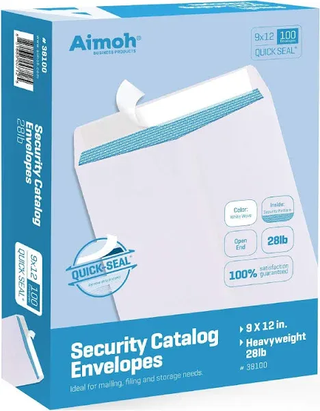 100 9 x 12 SELF Seal Security White Catalog Envelopes - 28lb - Security Tinted, 