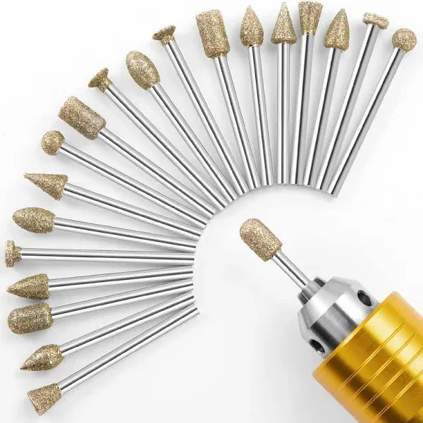 Diamond Grinding Burr Bit Set，20Pcs Rotary Tool Accessories Stone Carving Set with 1/8 inch Shank for Stone Ceramic Glass Carving, Grinding, Polishing, Engraving, Sanding