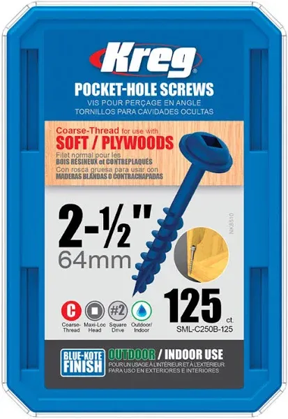 Kreg SML-C250B-125 Blue Kote, Pocket Screws, 2 1/2 Inch, 8 Coarse Thread, Maxi-Loc Head (125 Count)