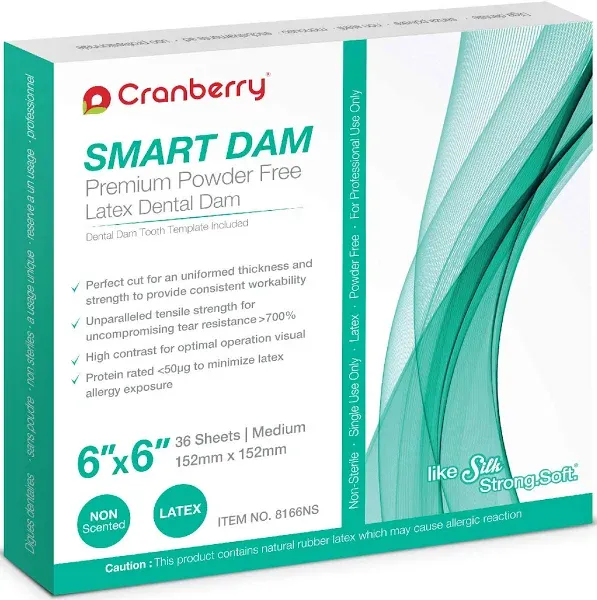 Cranberry 8166NS Smart Dental Dam Latex Unscented 6&#034; X 6&#034; 36 count Medium SEALED