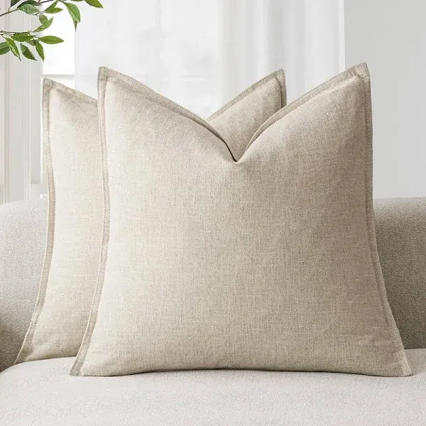 Foindtower Pack of 2, Decorative Linen Soild Throw Pillow Covers Soft Accent Cushion Case Boho Farmhouse Neutral Pillowcase for Couch Sofa Bedroom Living Room Home Decor 16 x 16 Inch Natural Beige