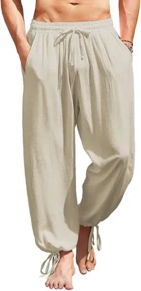 COOFANDY Men's Cotton Linen Pants Casual Harem Pants Elastic Waist Beach Boho Yoga Trousers