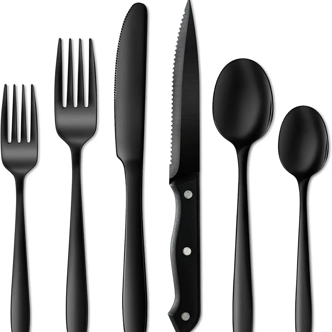 24 Pieces Black Silverware Set, Black Flatware Set, Food-Grade Stainless Steel Cutlery Set for 4, Tableware Eating Utensils, Mirror Finished, Dishwash