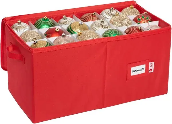 Christmas Ornament Storage Container with Dividers -Box Stores Up to 54-4" Ornaments, Zippered, Convenient, Adjustable, Heavy Duty 600D, Large Organizer Bin to Protect and Store Holiday Décor (Red)