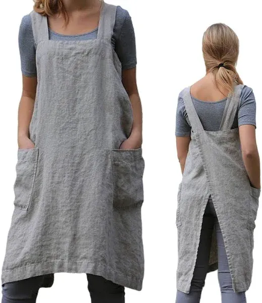 Pinafore Cross Back Apron for Women with Pockets Japanese Smock for Work Gard...