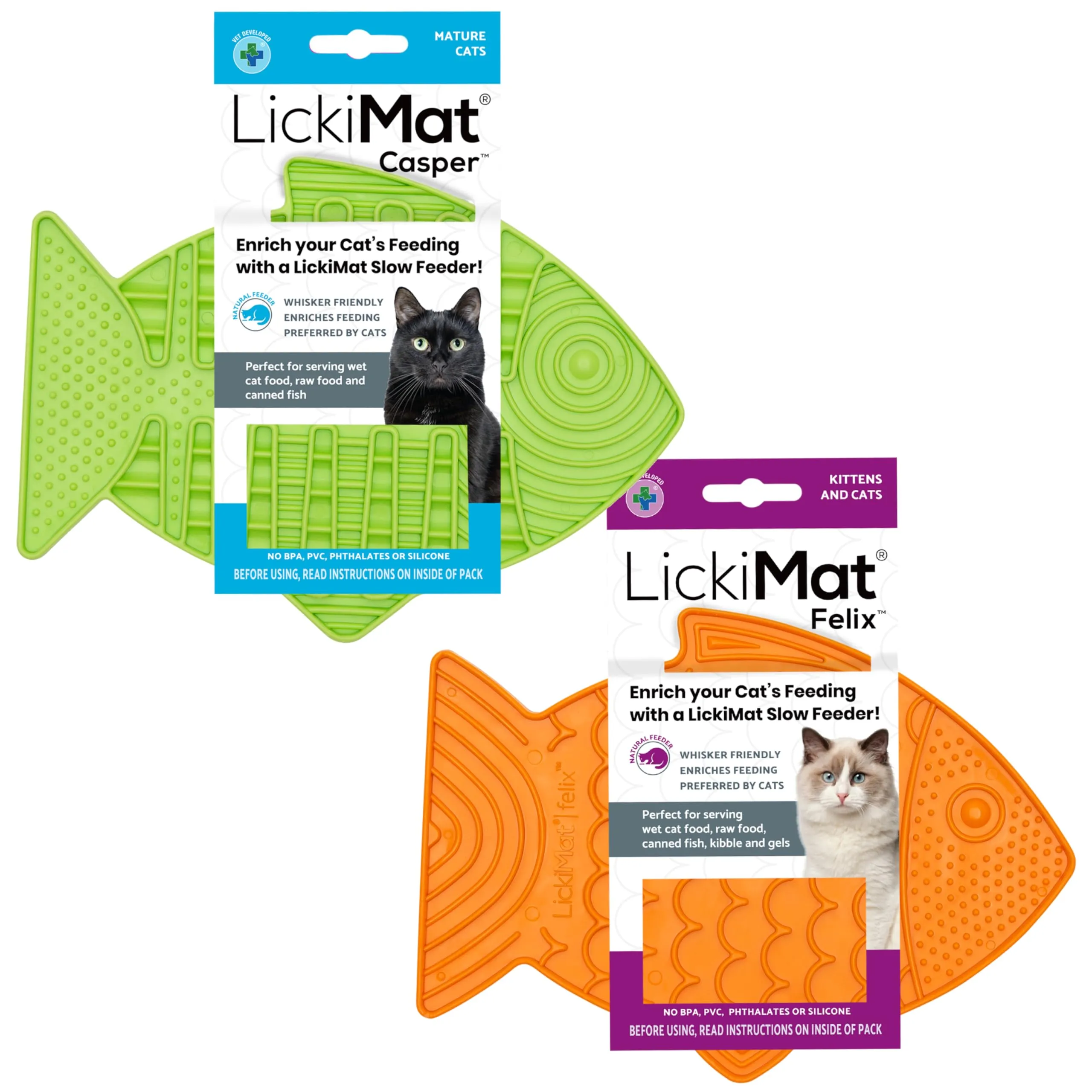 Lickimat Casper & Felix, Fish-Shaped Cat Slow Feeders Lick Mat, Boredom Anxiety Reducer; Perfect for Food, Treats and Anxiety Reduction. (Green & Orange, Casper & Felix)