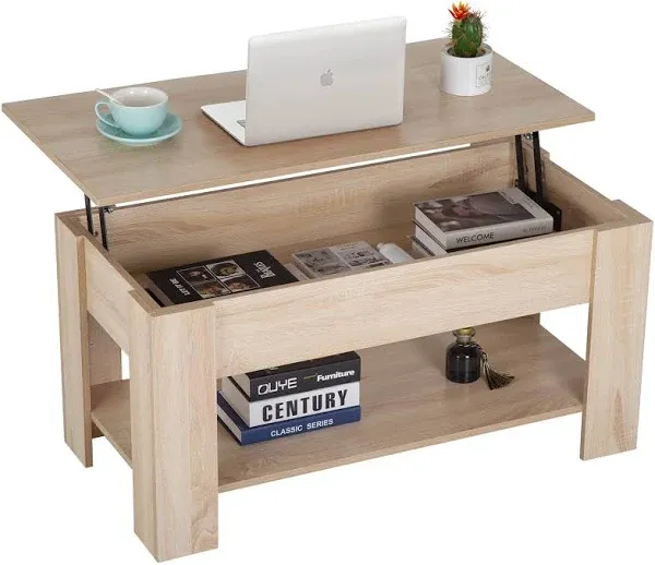 Lift Top Coffee Table with Hidden Compartment and Storage Shelf Wooden