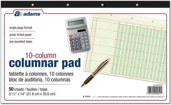 Adams Columnar Pad 14" x 8 1/2" 50 Pages 50 Sheets 10 Columns Green