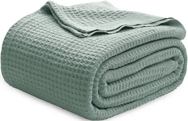 Bedsure 100% Cotton Blanket Queen Size for Bed - Waffle Weave Fall Blanket, Lightweight and Breathable Soft Woven Blanket for Summer, Sage Green, 90x90 Inches