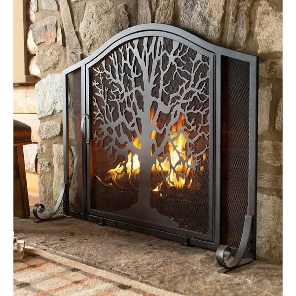 Plow &amp; Hearth Metal Fireplace Screen Tree of Life Black | 38&#034; W x 31&#034; H | Fla...