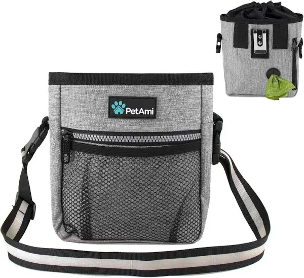 PetAmi Dog Treat Pouch | Dog Training Pouch Bag with Waist Shoulder Strap, Poop Bag Dispenser | Treat Training Bag for Treats, Kibbles, Pet Toys | 3 Ways to Wear (Heather Gray)