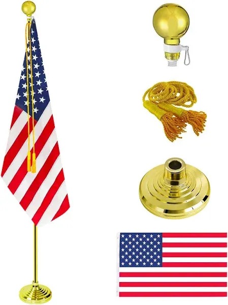 Indoor Flag Pole Kit，Telescoping 6FT-8FT FlagPole with Base,Rotate 360 Degrees,3x5 FT US Flag, Golden Ball Topper, Yellow pendant,Suitable for Office,School, City Hall(Glod-1Pack)