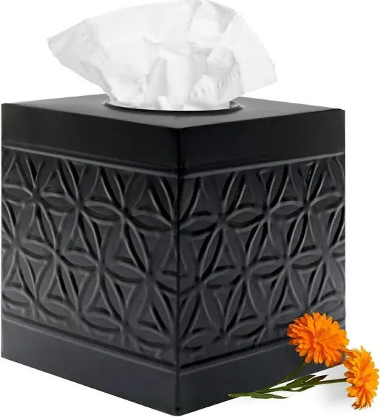 Autumn Alley Black Tissue Box Cover Square, Matte Black Bathroom Accessories, Tissue Holders for Bathrooms, Bedroom, Kitchen with Classic Embossed Pattern Modern Tissue Holders Decorative, Black