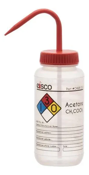 EISCO Wash Bottle for Acetone, 500Ml- Labeled with Color Coded Chemical &amp; Safety