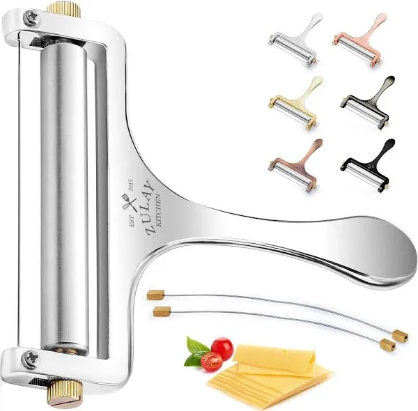 Zulay Cheese Slicer With Adjustable Thickness - Wire Cheese Slicer For Mozzarella Cheese, Cheddar Cheese, Gouda Cheese - Cheese Slicers For Block Cheese Heavy Duty With 2 Extra Wires (Rose Gold)