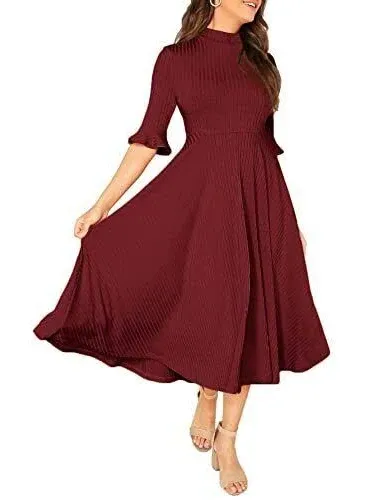 Verdusa Womens Elegant Ribbed Knit Bell Sleeve Fit and Flare Midi Dress Wine Red