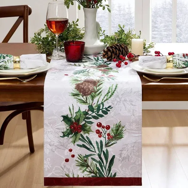 Elrene Home Fashions Holly Berry Flourish Holiday Fabric Table Runner