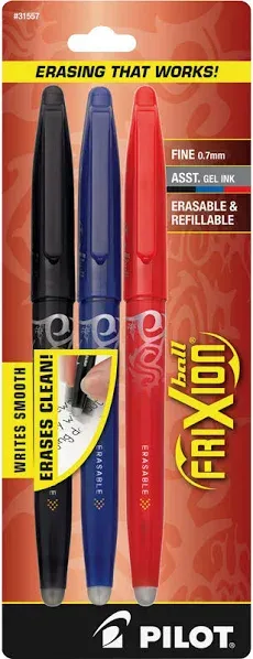 Pilot® FriXion® Ball Erasable Gel Pens, Pack of 3, Fine Point, 0.7mm, Assorted Ink Colors