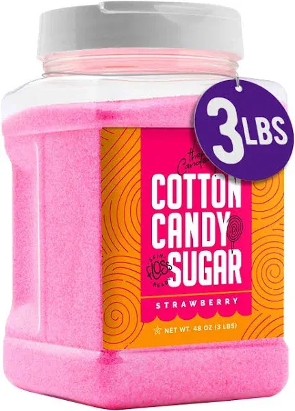 The Candery Cotton Candy Floss Sugar Strawberry Flavor- Reusable Plastic Jars - Easy Pour and Scoop Spout - 48oz 3LB (strawberry)