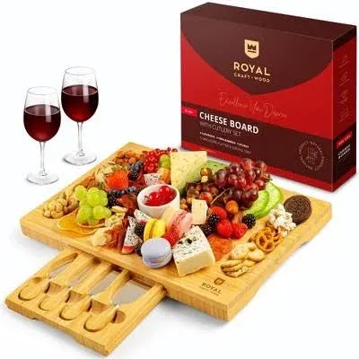 Royal Craft Brown Wooden Bamboo Cheese Board With Cutlery Set Charcuterie New