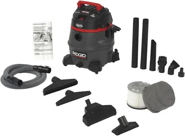 RIDGID 50368 RV2400HF Wet Dry Vacuum, 14-Gallon Shop Vacuum with Certified HEPA Filtration, 2-Stage 11.5A Motor, Casters, Pro Hose, Drain, Blower Port , Red