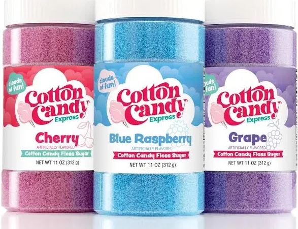 Cotton Candy Express Floss Sugar Variety Pack with 3 - 11oz Plastic Jars of Cherry, Blue Raspberry & Grape Flossing Sugars. Use With Cotton Candy Express Countertop Machine