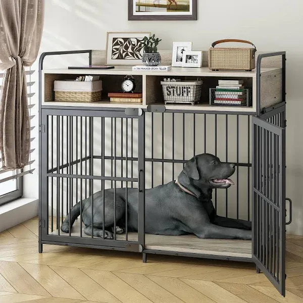 Large Furniture Dog Crate, Dog Kennel Indoor, Wood Dog Cage Table with Drawers Storage, Heavy Duty Dog Crate, Jaula para Perros, Sturdy Metal, 40.5" L×23.6" W×35.4" H, Rustic Grey