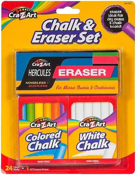 Cra-Z-Art Chalk &amp; Eraser Set 24 Chalk Sticks 12 Colored &amp; 12 White &amp; Eraser New