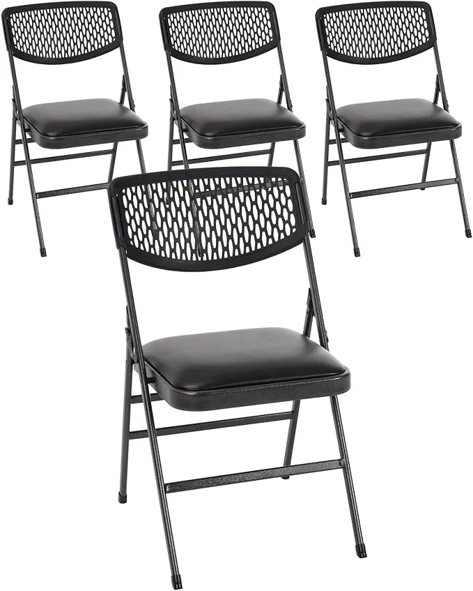 Cosco Commercial Vinyl Folding Chair, 4 Pack, Black Fabric/Hammertone Frame