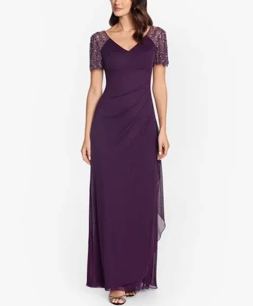 Xscape Petite "Lana" Long V-Neck Beaded Flutter Sleeve Dress