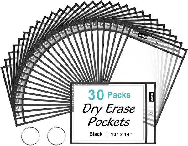 SUNEE 30 Packs Oversized Reusable Dry Erase Pocket Sleeves with 2 Rings, Black 10x14 Ticket Holders, Clear Plastic Sheet Protectors, Teacher School