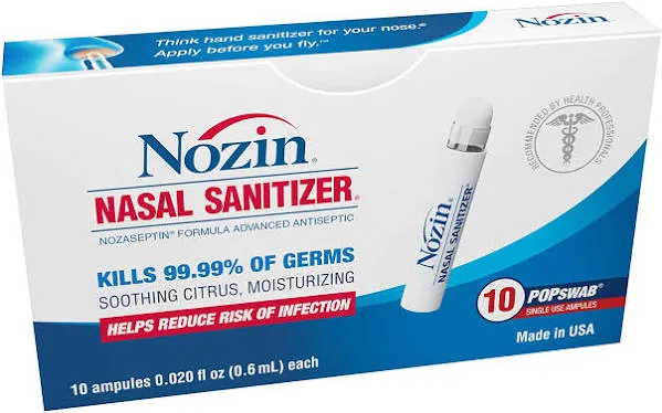 Nozin® Nasal Sanitizer® Antiseptic Popswab® Ampules 10ct Pack | Kills 99.99% of Germs | Alcohol Based 62%