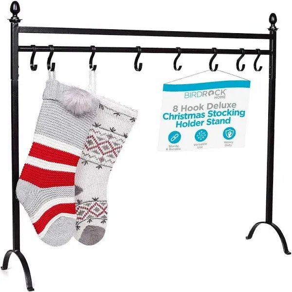 BIRDROCK HOME 8 Hook Deluxe Christmas Stocking Holder Stand - Heavy Duty Freestanding Rack with Removable Stocking Hooks - Iron Metal Design for Hanging Stockings, Ornaments, and Holiday Decor - Black