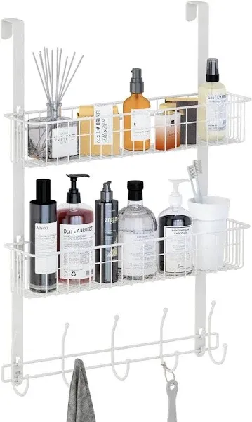 LUCYCAZ Adjustable Over The Door Hooks Organizer, Door Hanger Storage with 10 Coat Hooks & 2 Mesh Basket, Over The Door Towel Rack Door Organizer for Bathroom,Bedroom,Kitchen (Black)