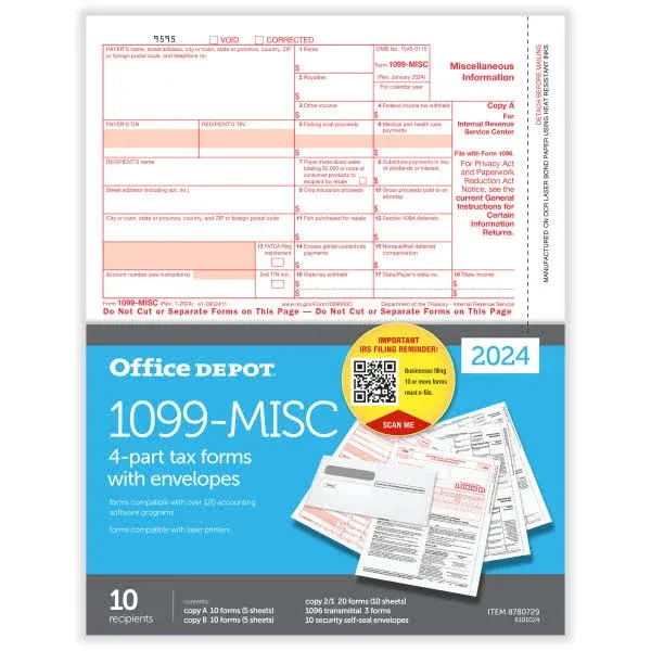 2021 OFFICE DEPOT  1099-MISC 4-part TAX FORMS with envelopes 10-ct 2021