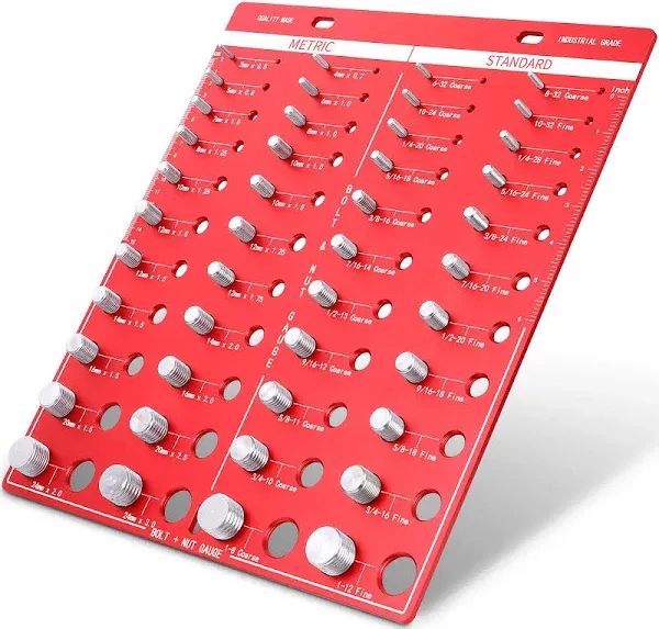 44 Nut and Bolt Thread Checker, Bolt Size and Thread Gauge Standard and Metric with 22 Standard & 22 Metric Bolt Identifying from #6-32 to 1-12" & 3mm*0.5 to 24mm*3.0（Red)